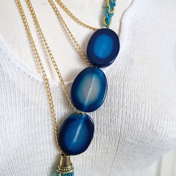 "The Sash" Braided Gold & Blue Beadwork w/ Agate Pendants & Gold Chain Necklace - Picture 4 of 7